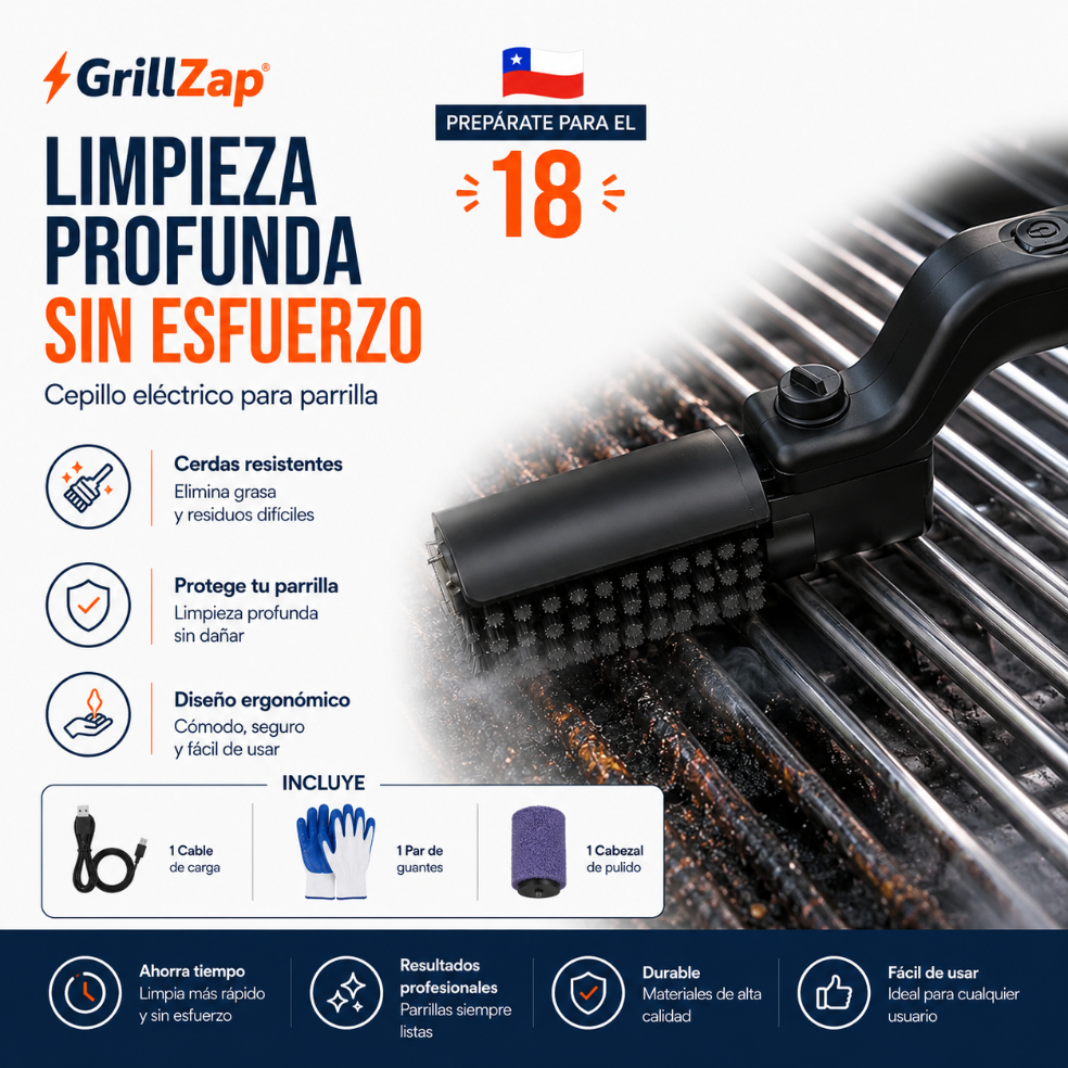 GrillZap: Kit Cepillo Parrilla + 1 par de guantes y 2 cabezales de regalo!